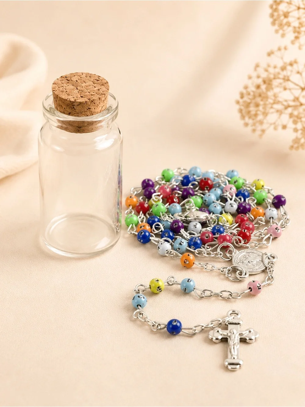 Multicolor Holy Rosary 4mm Plastic Beads Silver Tone Crucifix First Communion